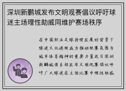 深圳新鹏城发布文明观赛倡议呼吁球迷主场理性助威同维护赛场秩序