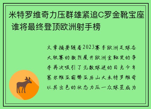 米特罗维奇力压群雄紧追C罗金靴宝座 谁将最终登顶欧洲射手榜
